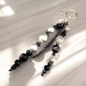 Beaded Keychain | 3 Strands w/ Black Faceted Onyx, Seed Beads + Heart & Compass